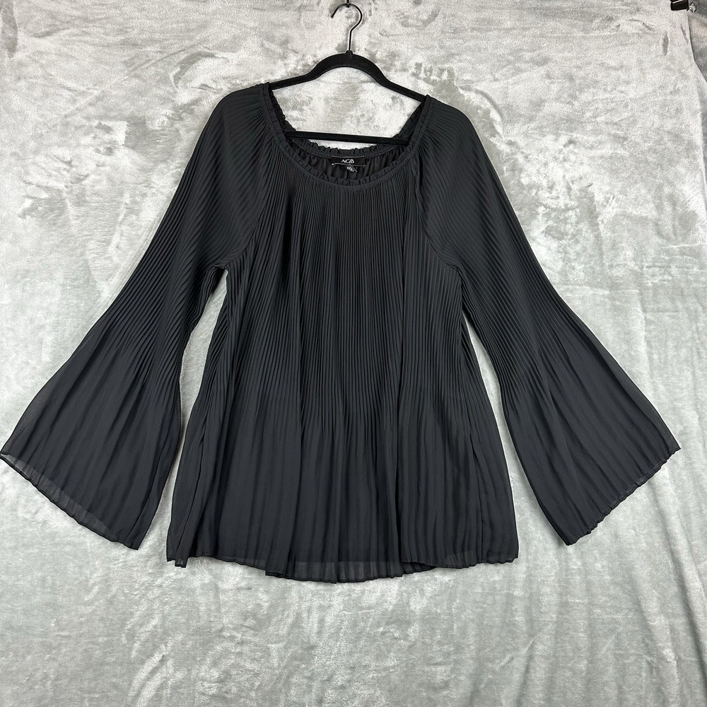 AGB Blouse Women's XL Black Pleated Accordion Bell Sleeves Sheer Lined